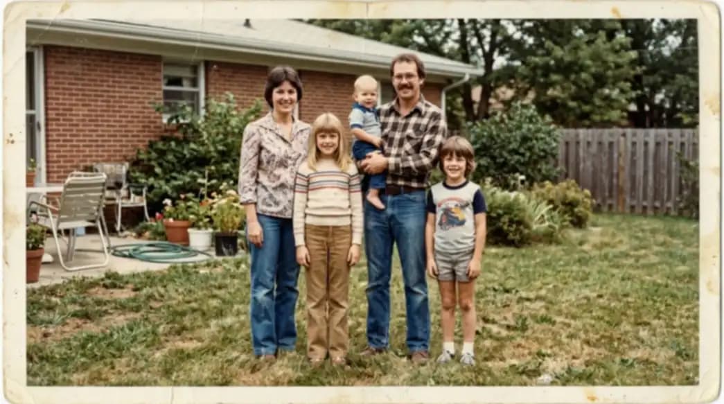 Creased family print before photo restoration