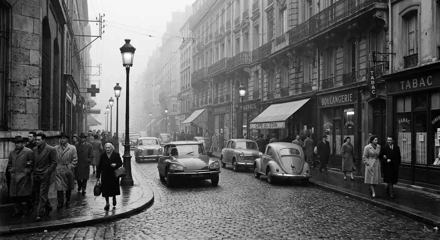 Grayscale city street photo sample